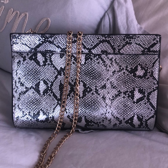 Handbags - NWOT faux snake skin clutch with detach gold strap